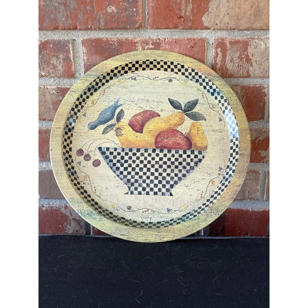 Vintage Bluebird Folk Art Checkered Serving Tin Tray